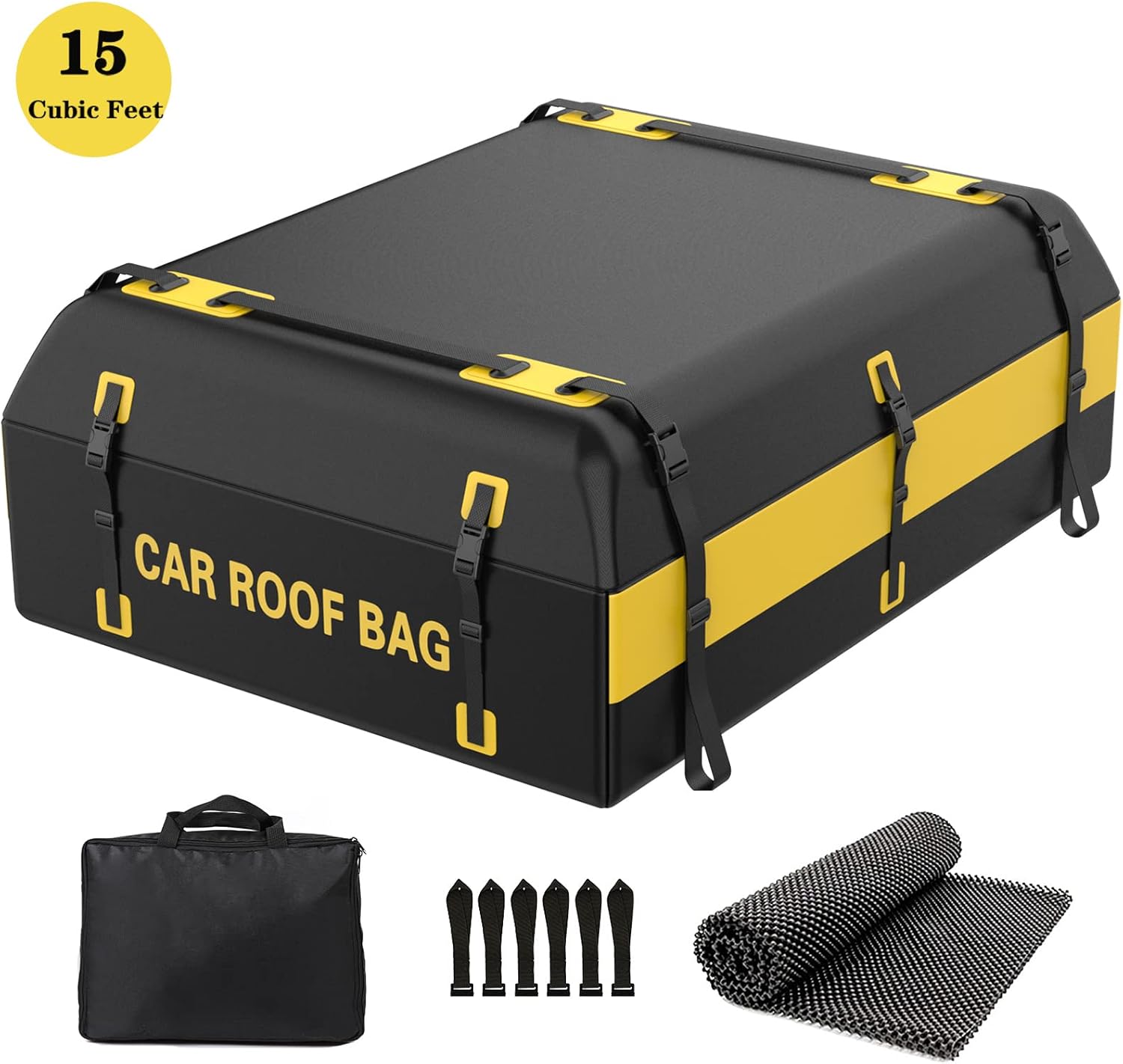 Car Roof Bag, 15 Cubic Feet Rooftop Cargo Carrier for All Vehicle with/Without Racks, Includes 1x Anti-Slip Mat, 6 x Door Hooks, 1x Storage Bag, 100% Waterproof Excellent Military Quality Carrier Bag