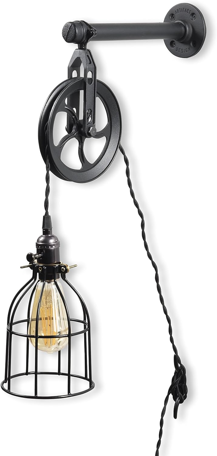 Rustic State Vintage Chic Unique Industrial Pipe and Pulley Design Wall Pendant Lamp with Fabric Cord LED Edison Light Bulb Included in Black