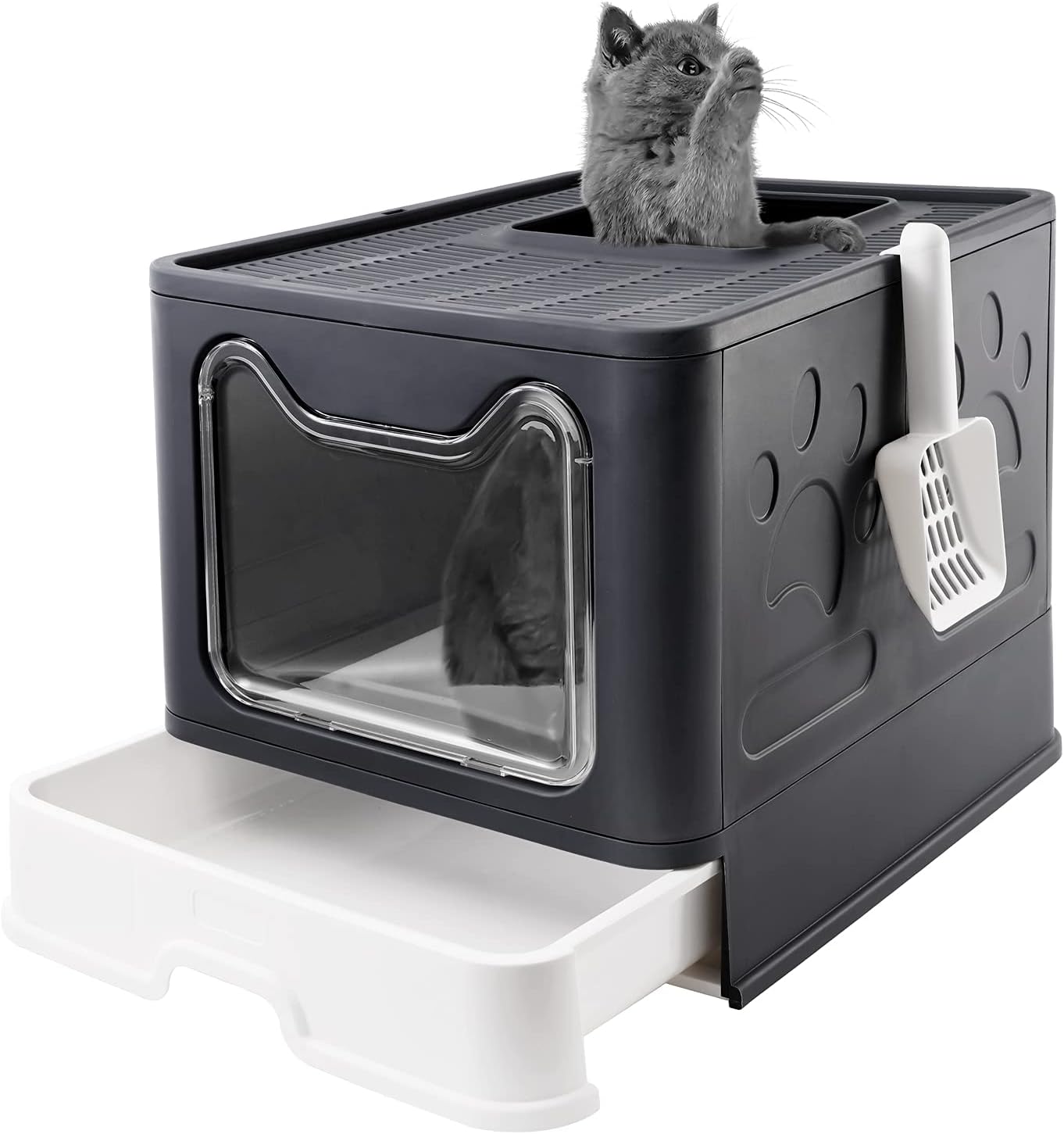 Bolux Foldable Cat Litter Box with Lid, Extra Large Litter Box with Cat Litter Scoop, Drawer Type Cat Litter Pan Easy to Scoop & Low Tracking ( Gray, 20
