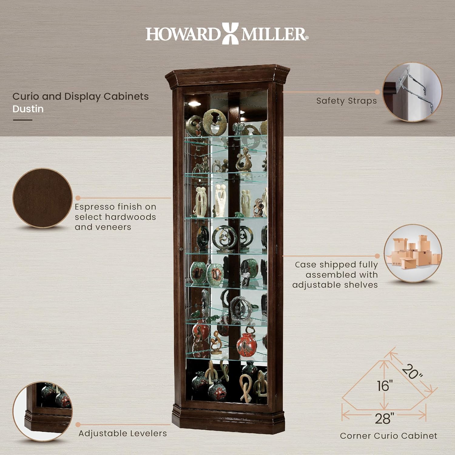 Howard Miller Dustin Curio Cabinet 680-484 &ndash; Espresso Finish, Vertical Home Decor, Seven Glass Shelves, Eight Level Display Case, Locking Door, No Reach Light