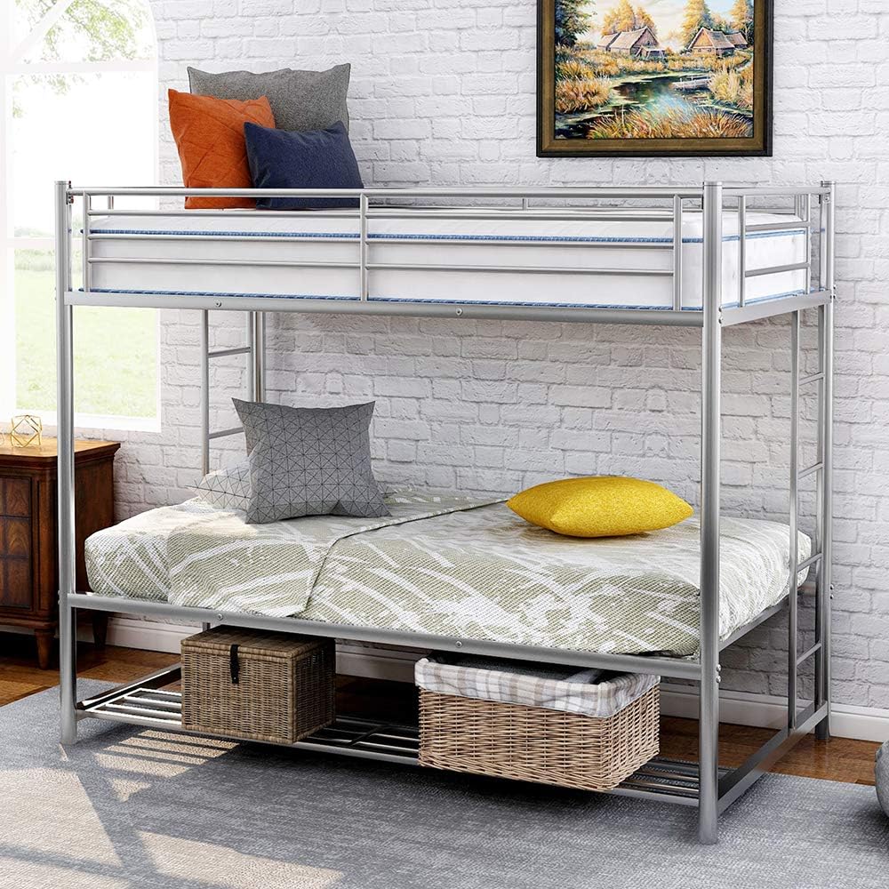 Metal Bunk Bed with Trundle, Rockjame Space Saving Design Sleeping Bedroom Twin Over Twin Bed Frame with 2 Ladders and Safety Rail (Silver)