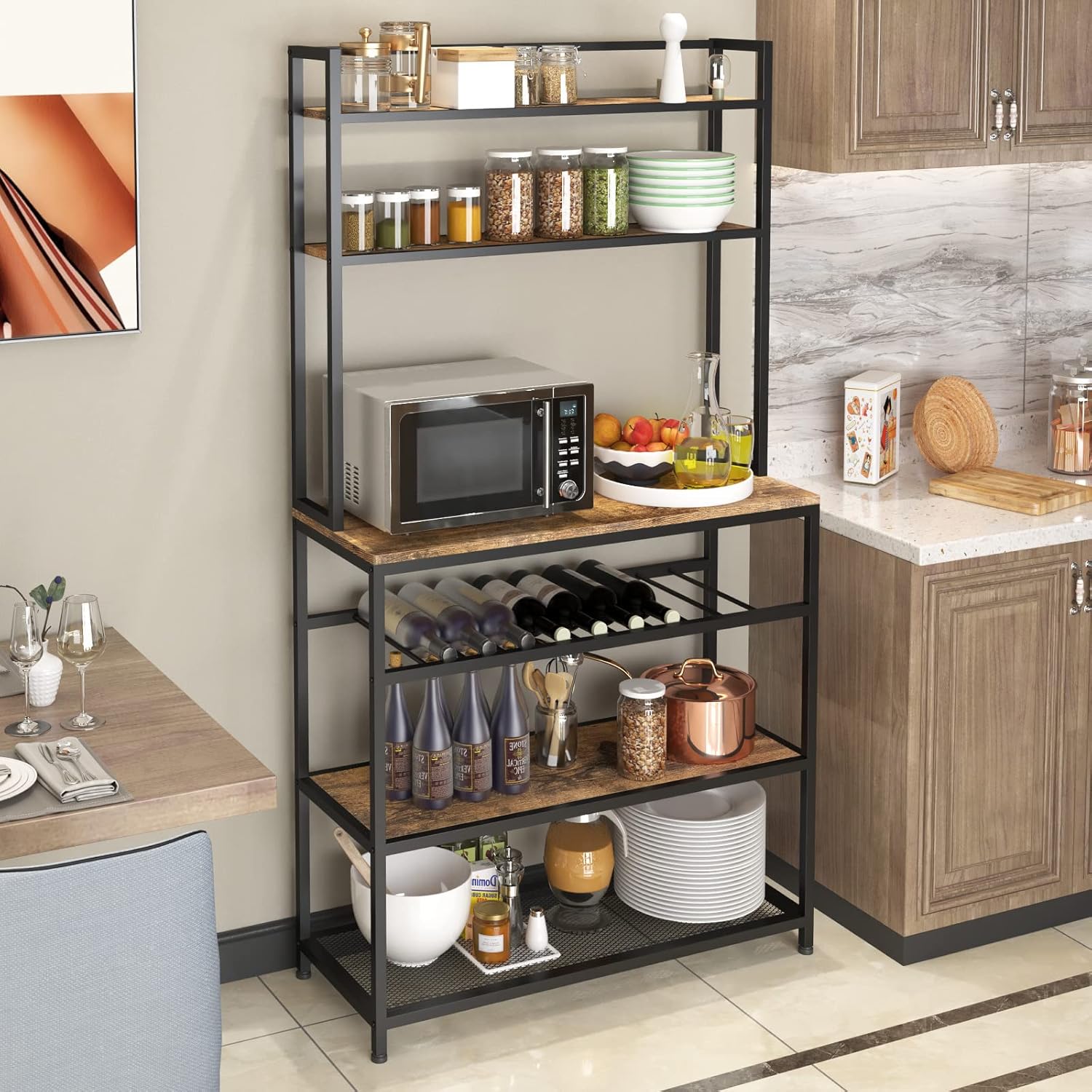 Industrial Kitchen Baker's Rack Coffee Station Microwave Oven Stand Kitchen Pantry Shelf Free Standing Opening Utility Storage Cabinet Sideboard for Kitchen Dining Room Living Room