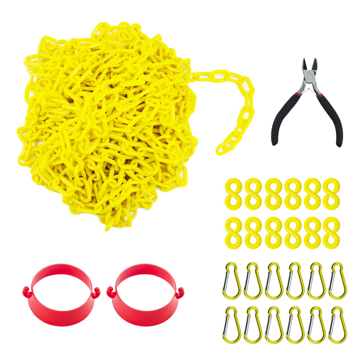 Reliabe1st 50 Feet Yellow Plastic Safety Barrier Chain with 12 S-Hooks and 12 Carabiner Clips and 2 Cone Chain Connector Kits | Caution Security Chain Safety Chain for Crowd Control, Construction Sit Pack of 2