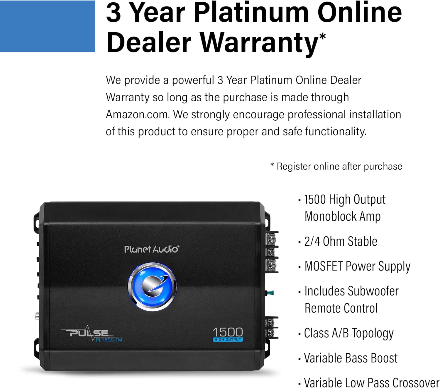 Planet Audio PL1500.1M Monoblock Car Amplifier - 1500 Watts, 2/4 Ohm Stable, Class A/B, Mosfet Power Supply Pack of 2
