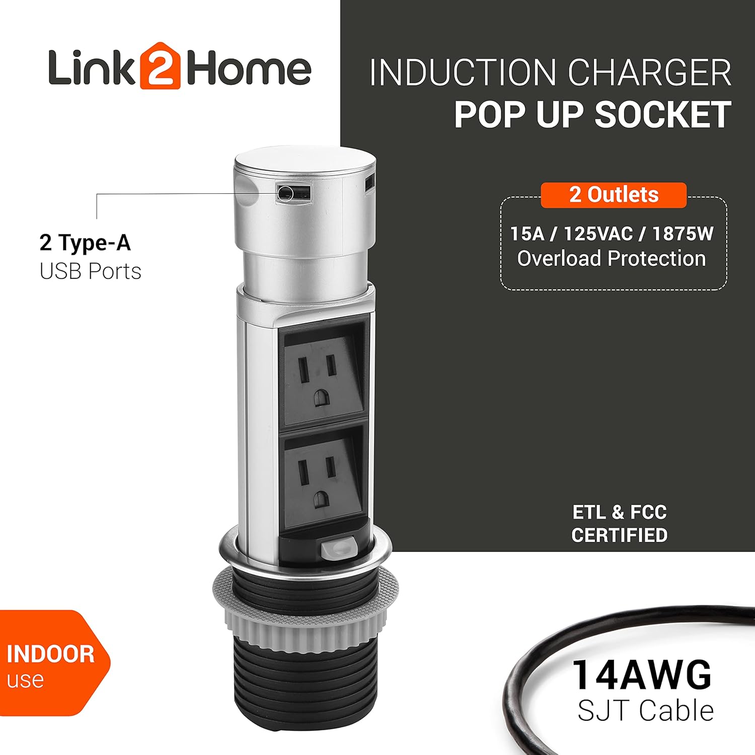 Link 2 Home Space Saver Pop Up Outlet Station with USB, 2 Power Outlets 15A, 2 USB Ports 2.4A Fast Charge Splash Resistant, Stainless-Steel Finish, for Kitchen Island, Office Table and Workshop
