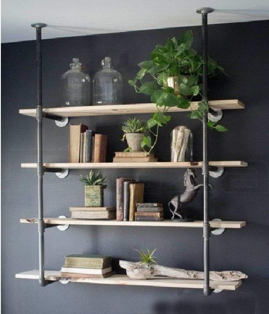 WGX Design For You Industrial Retro Wall Mount Iron Pipe Shelf Hung Bracket DIY Storage Shelving Bookshelf (2 Pcs 4Tier Hardware only)