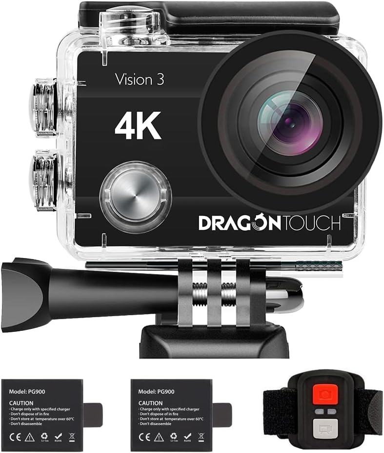 Dragon Touch 4K Action Camera 16MP Vision 3 Underwater Waterproof Camera 170&deg; Wide Angle WiFi Sports Cam with Remote 2 Batteries and Mounting Accessories Kit
