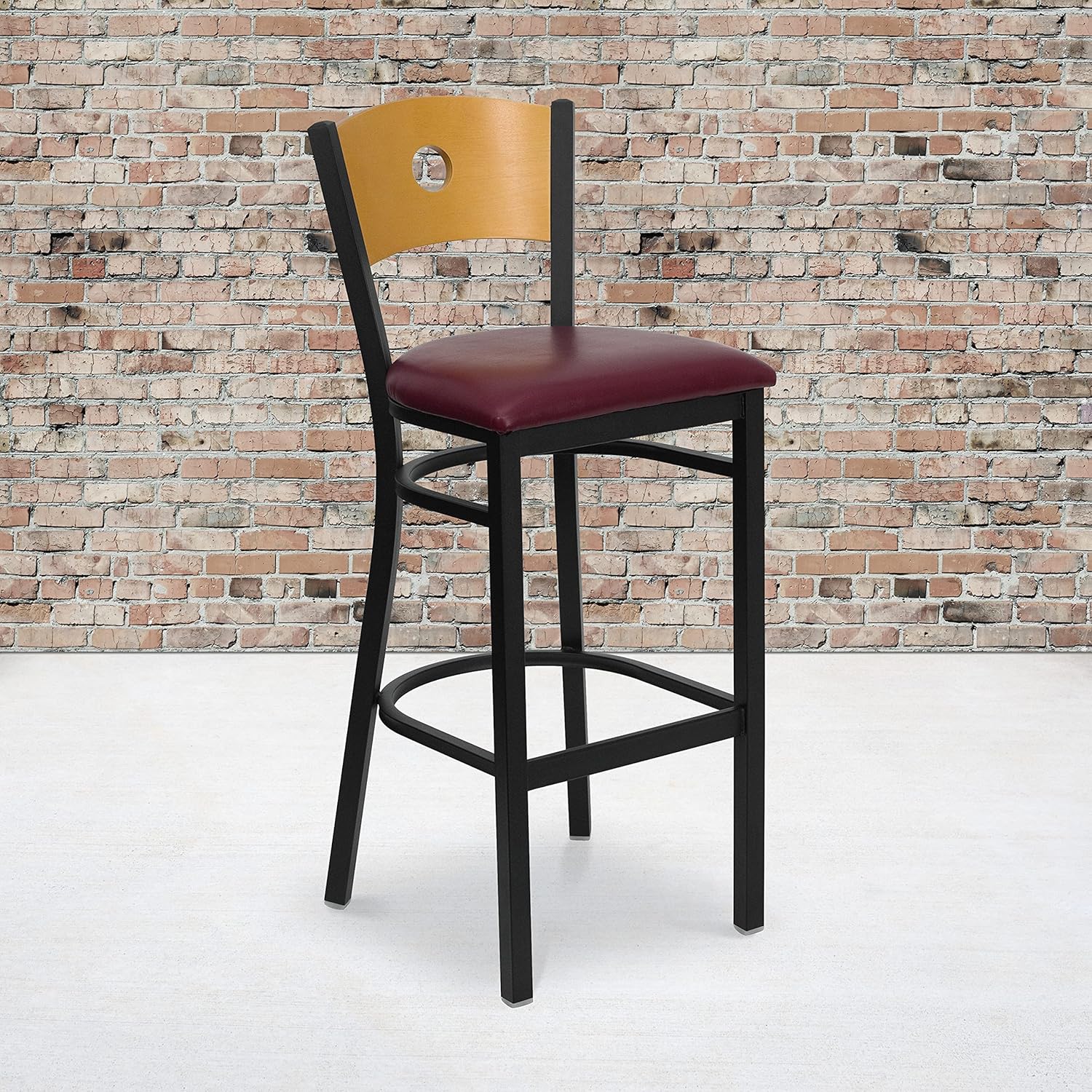 Flash Furniture HERCULES Series Black Circle Back Metal Restaurant Barstool - Natural Wood Back, Black Vinyl Seat