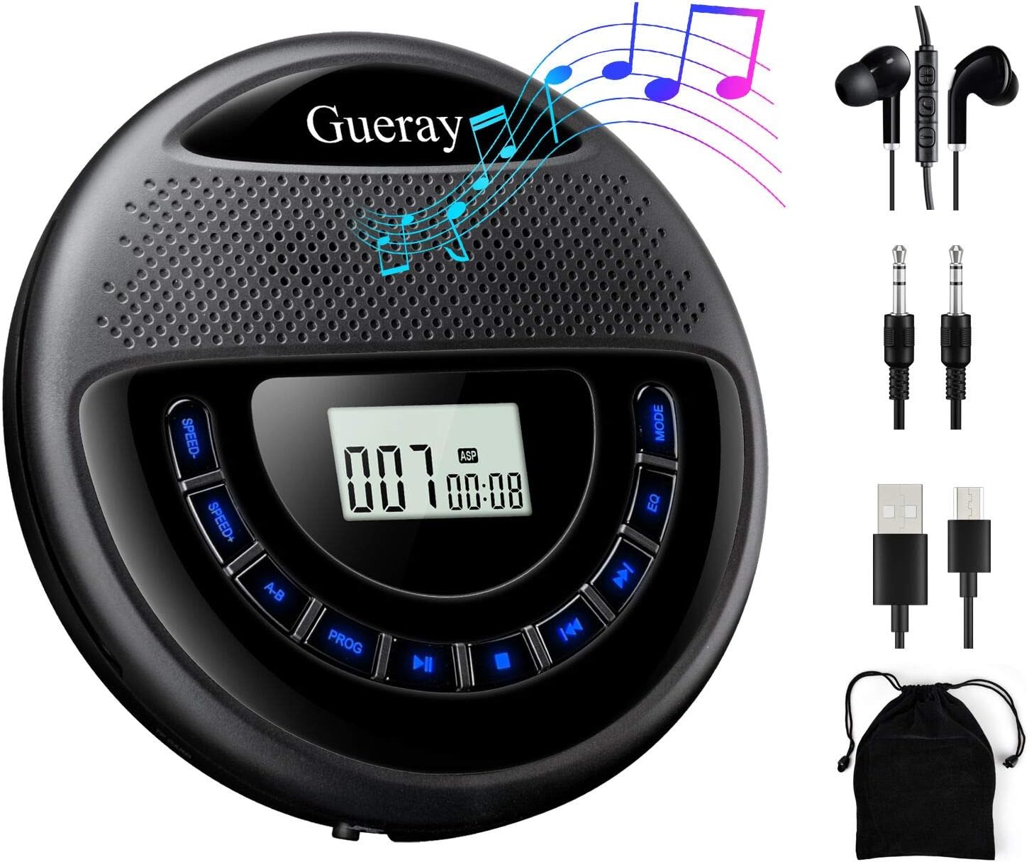 Gueray CD Player Portable Rechargeable with Speaker Dual Stereo 1400mAh CD Walkman CD Discman Backlight Battery Personal CD Player with Headphones Memory Function Anti-Skip Protection LCD Display Pack of 2