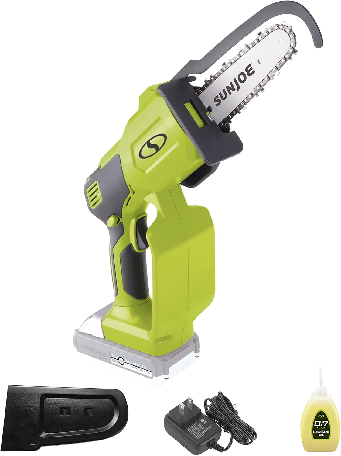Sun Joe 24V-HCS-LTE 24-Volt 5-Inch Cordless Mini Chainsaw, Compact & Lightweight Handheld Pruning Saw Kit, w/ 2.0-Ah Battery and Charger, Green