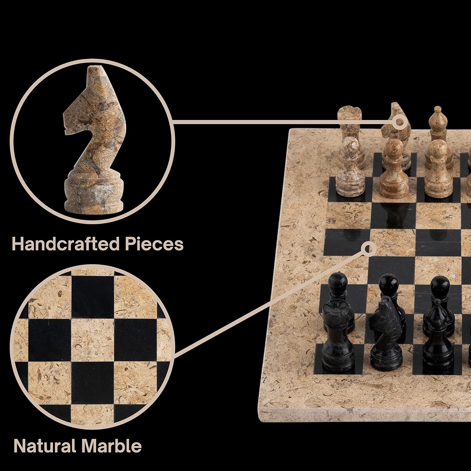 Handmade Marble Chess Set -15x15 Inches- Full Handcrafted Chess Board and Pieces -Fossil Black
