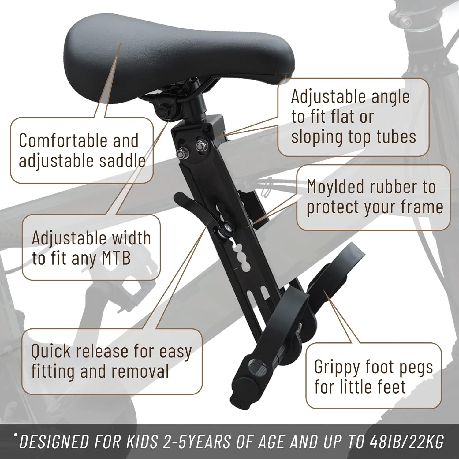 Bike Seat Kids, Child Bike Seat Front with Handlebar Accessory Combo Pack, Bicycle Child Seat for Children 2-5 Years (up to 48 Pound) Compatible with All Adult MTB Pack of 2