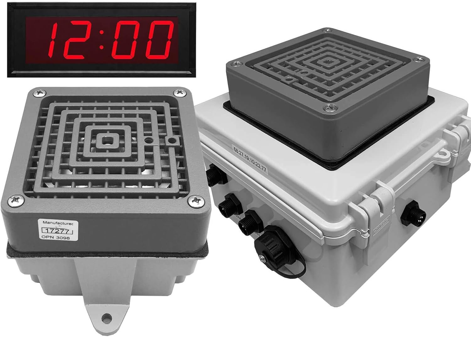 Linortek Netbell-KB-E1-C TCP/IP Network All-in-One Extra Loud Factory Warehouse Break Time Alarm Buzzer System W/Programmable Bell Timer Controller 4&rdquo; Digital Clock (2 Buzzers w/ 1 Clock)