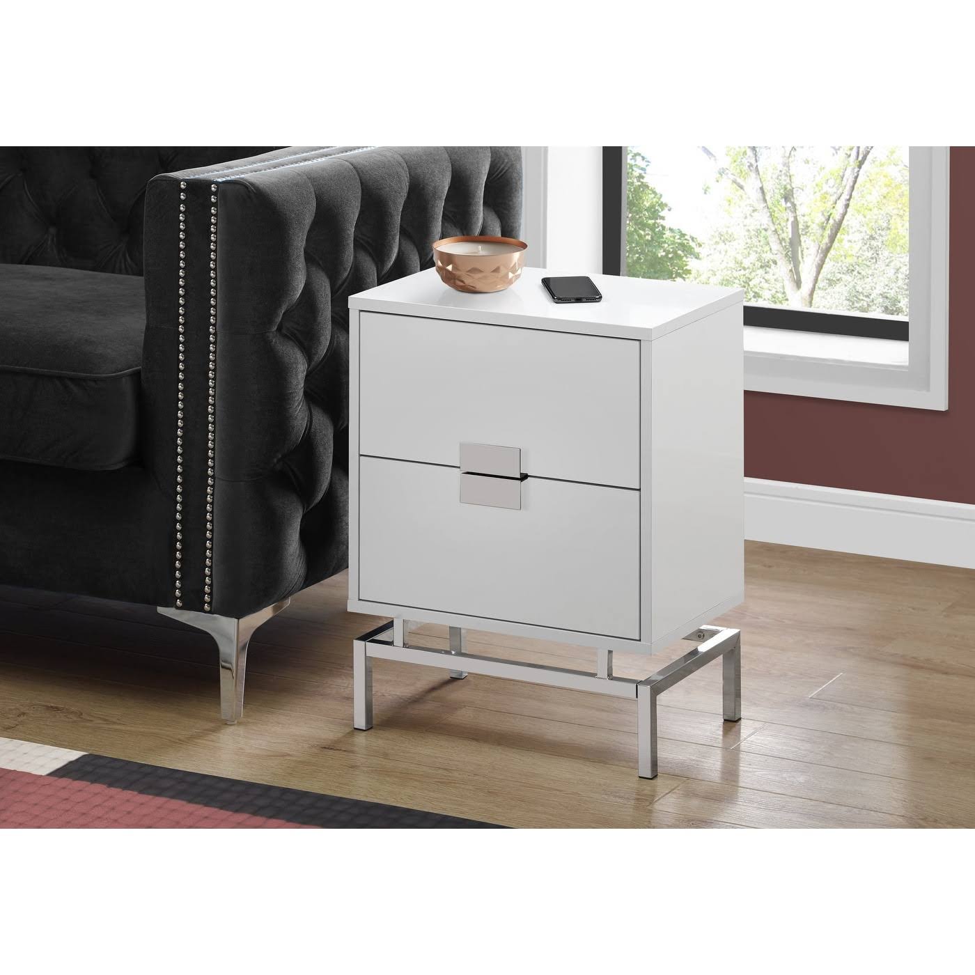 Glossy White 24nch Accent Table with Chrome Metal - MDF