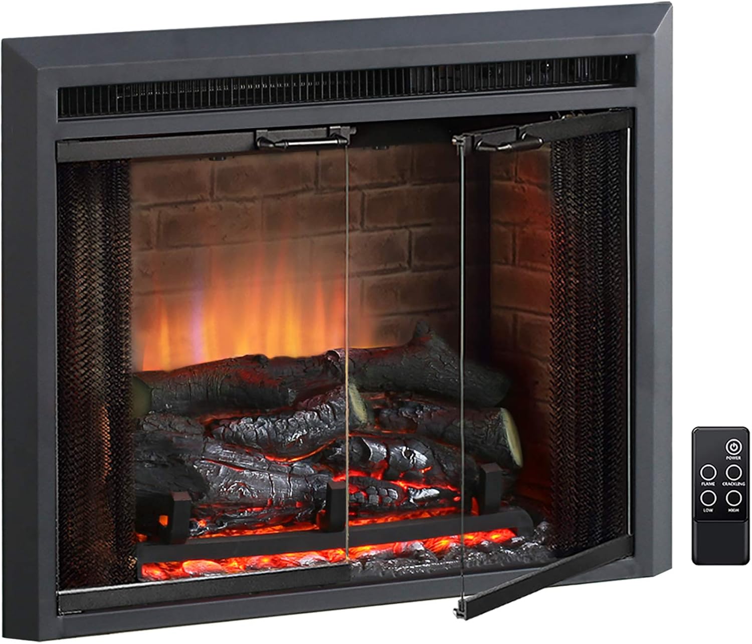 PuraFlame Klaus Electric Fireplace Insert with Fire Crackling Sound, Glass Door and Mesh Screen, 750/1500W, Black, 22 13/16 Inches Wide, 20 1/16 Inches High