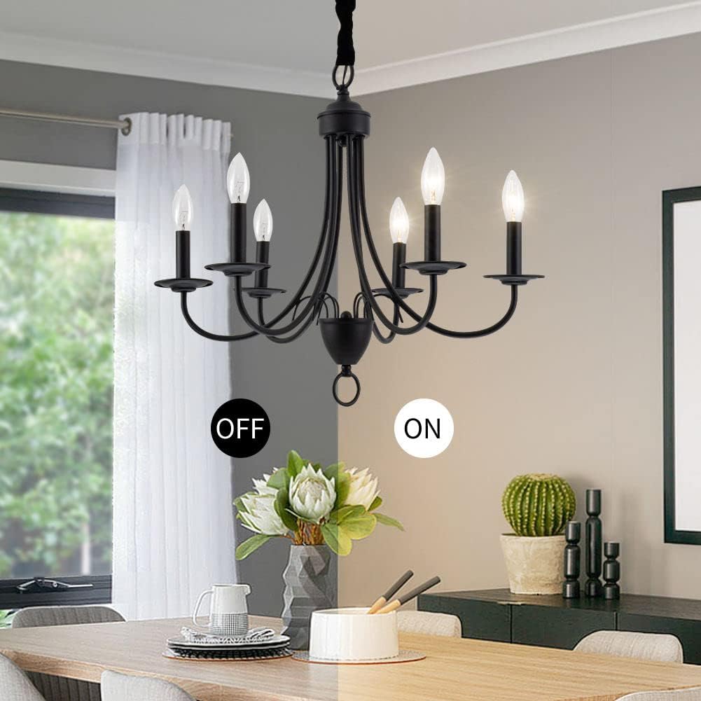Kaluxry Chandeliers for Dining Room, Black Farmhouse Chandelier 6-Light Metal Candle Pendant Light Fixture with E12 Base Pendant Lights for Kitchen Dining Room Bedroom Study Living Room Hallway Entry