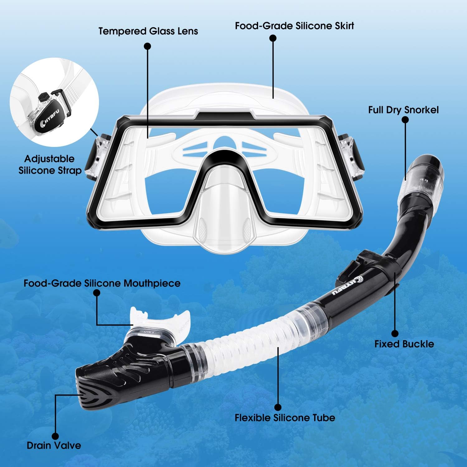 CHYBFU Mask Fins Snorkel Set with Adults Snorkeling Gear, Panoramic View Diving Mask, Dry Top Snorkel, Diving Flippers and Gear Bag, Snorkeling Packages for Snorkeling Swimming Scuba Diving Training