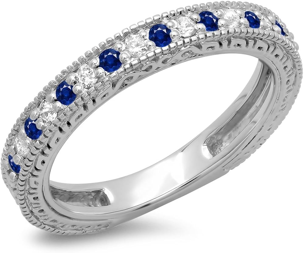 14K Gold Round Blue Sapphire & White Diamond Millgrain Wedding Stackable Band