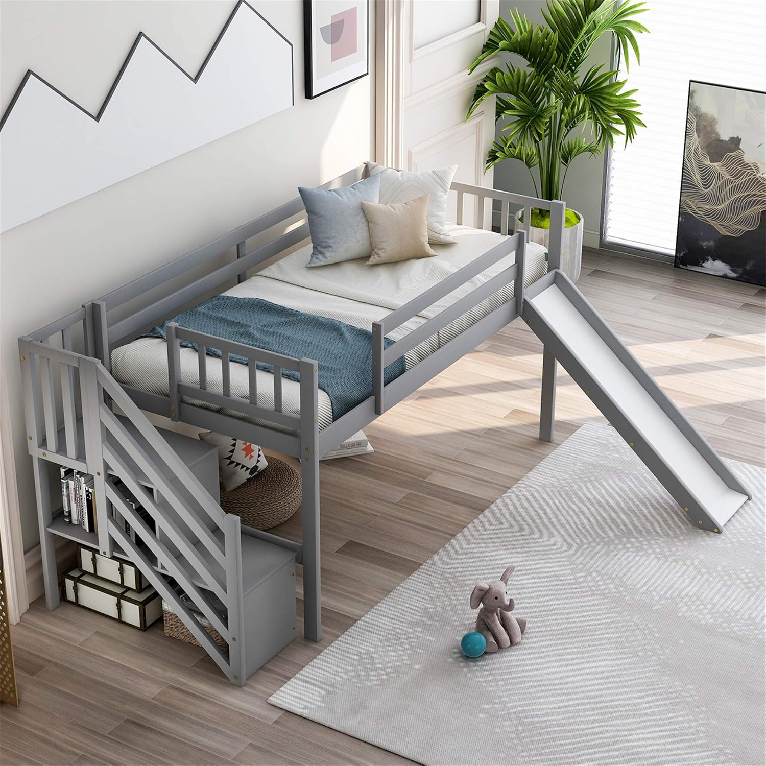 Multifunctional Design Low Loft Bed Frame Space Saving Wood Twin Floor Bed with 2-Step Staircase Storages, Left/Right Adjustable Slide,Safety Rails, Stairs & Storage Shelves for Kids Toddler (White)
