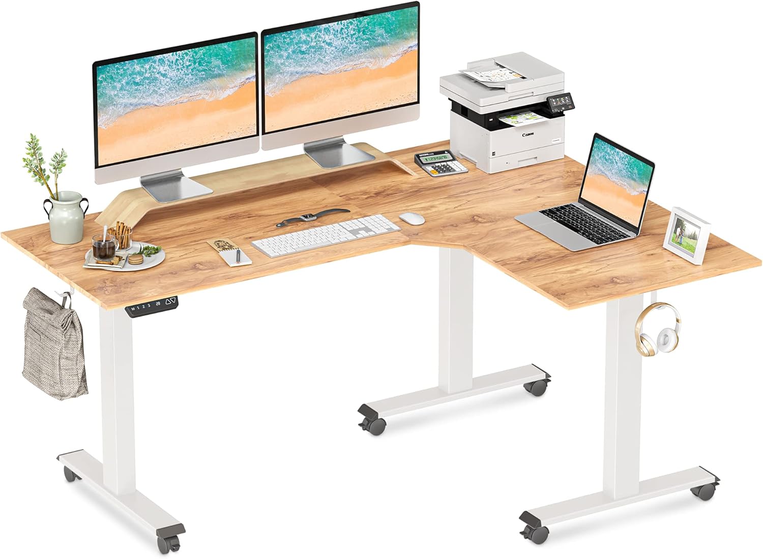 FEZIBO Triple Motor L-Shaped Electric Standing Desk, 63 inches Height Adjustable Stand up Corner Desk, Sit Stand Workstation with Splice Board, Black Frame/Rustic Brown Top