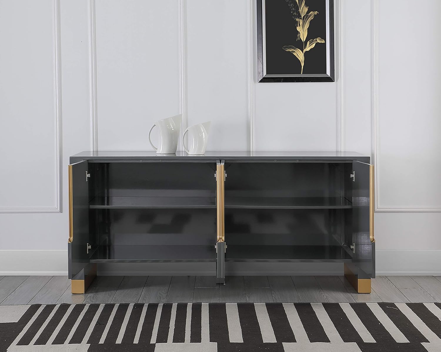 Best Master Furniture Theona High Gloss Lacquer Sideboard/Buffet with Gold Trim, Grey