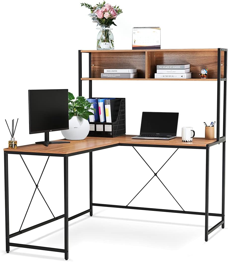 LIFEFAIR L-Shaped Desk with Hutch, Home Office Desk Computer Desk Workstation Space-Saving, Corner Desk Gaming Table with Storage Shelves - Antique Oak