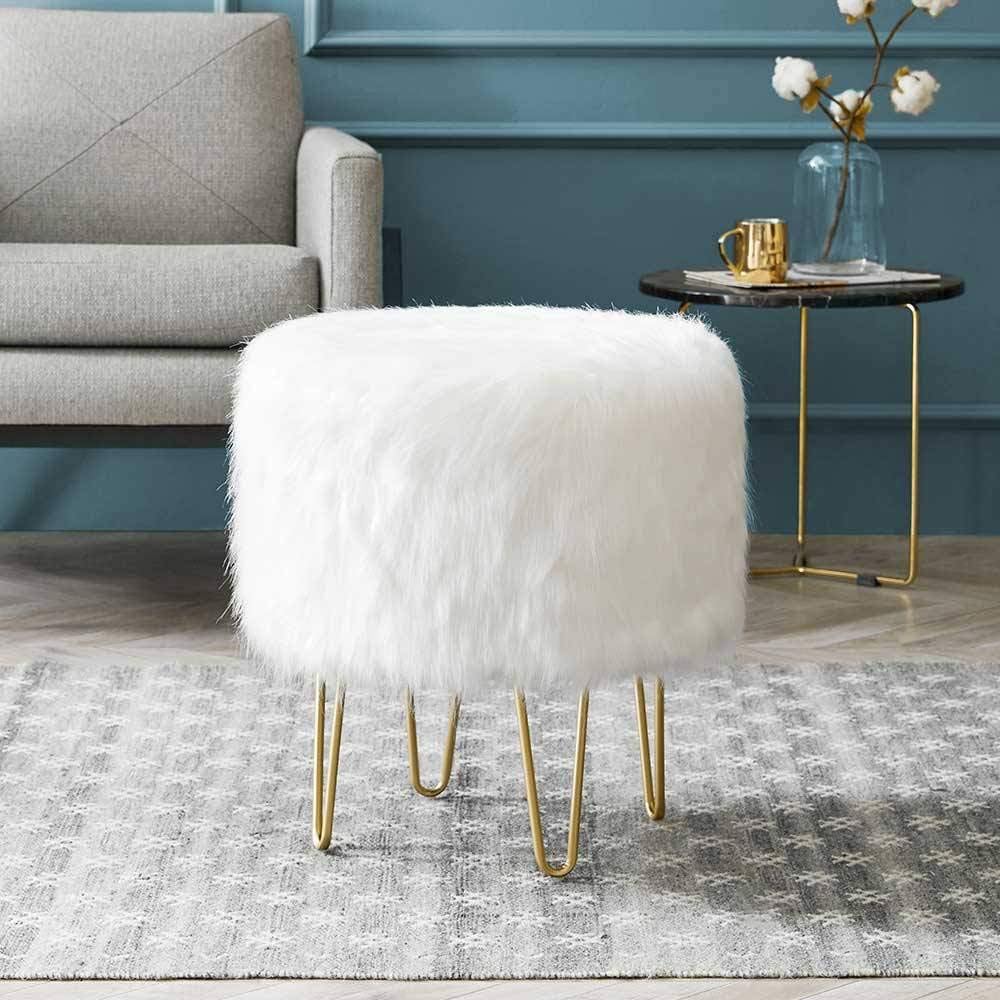 Modern Round Ottoman Footrest Stool - Luxurious Faux Fur Covered Seat w/Sturdy Gold Hairpin Legs - Easy Assembly Accent Furniture Perfect for Use in Any Room - White Color