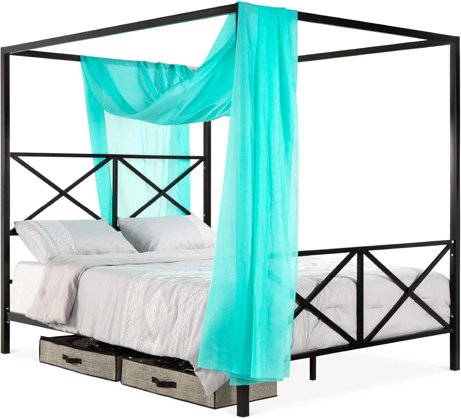 Best Choice Products 4-Post Queen Size Modern Metal Canopy Bed w/Mattress Support, Built-in Headboard, Footboard, Classic, Customizable Design - Black