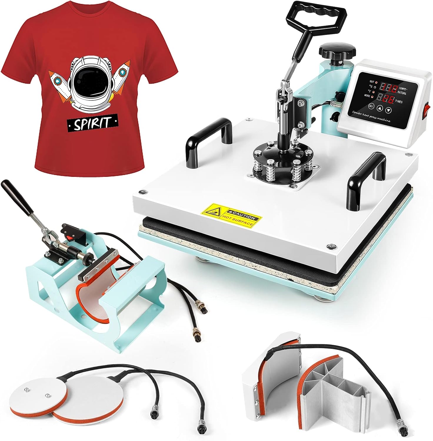 Heat Press Machine Mint Green Heat Press 12X15 Inch for T Shirts Tumbler Heat Press 5 in 1 Digital Multifunctional Sublimation Swing Away 360 Degree Rotation Pressing Machine for Hat Mug Cap Plate