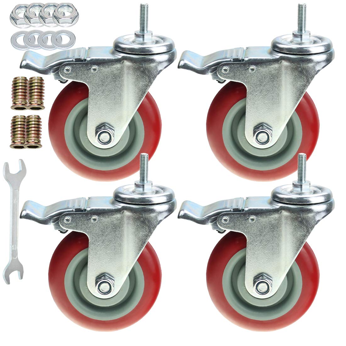 Heavy Duty Stem Caster Wheels Double Bearing PU Castors No Noise Swivel Casters M8-1.25x25mm 4 Packs with Dual Locking (4 Inch)