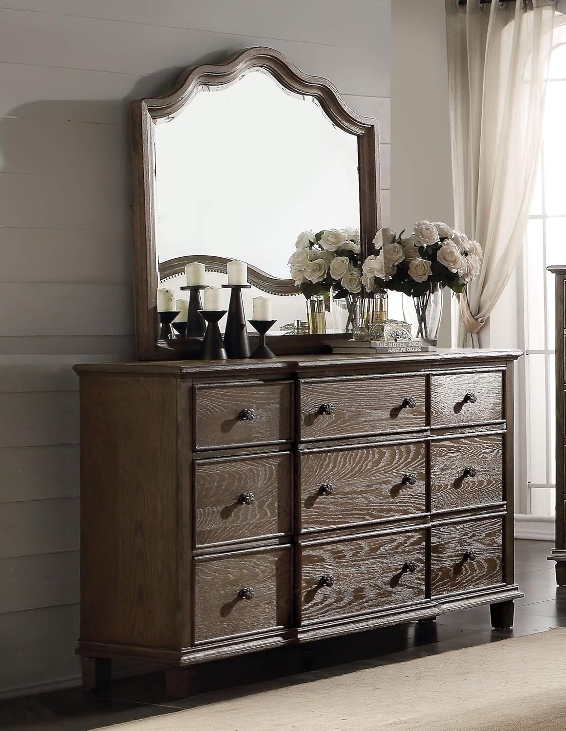 BOWERY HILL Contemporary 9 Drawer Bedroom Dresser/Accent Dresser in Weathered Oak