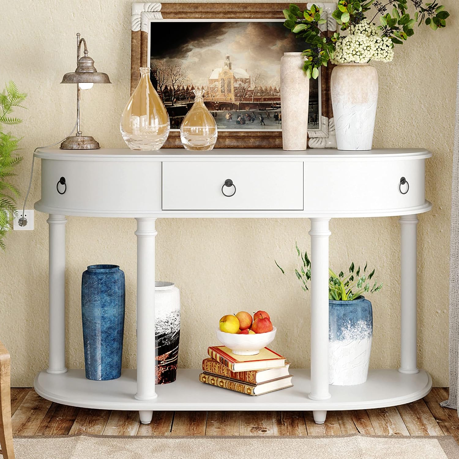 P PURLOVE Curved Console Table with Single Drawer, Retro Sofa Table with Solid Wood Frame and Legs, Half Moon Entry Table for Home Kitchen Entryway (Black)