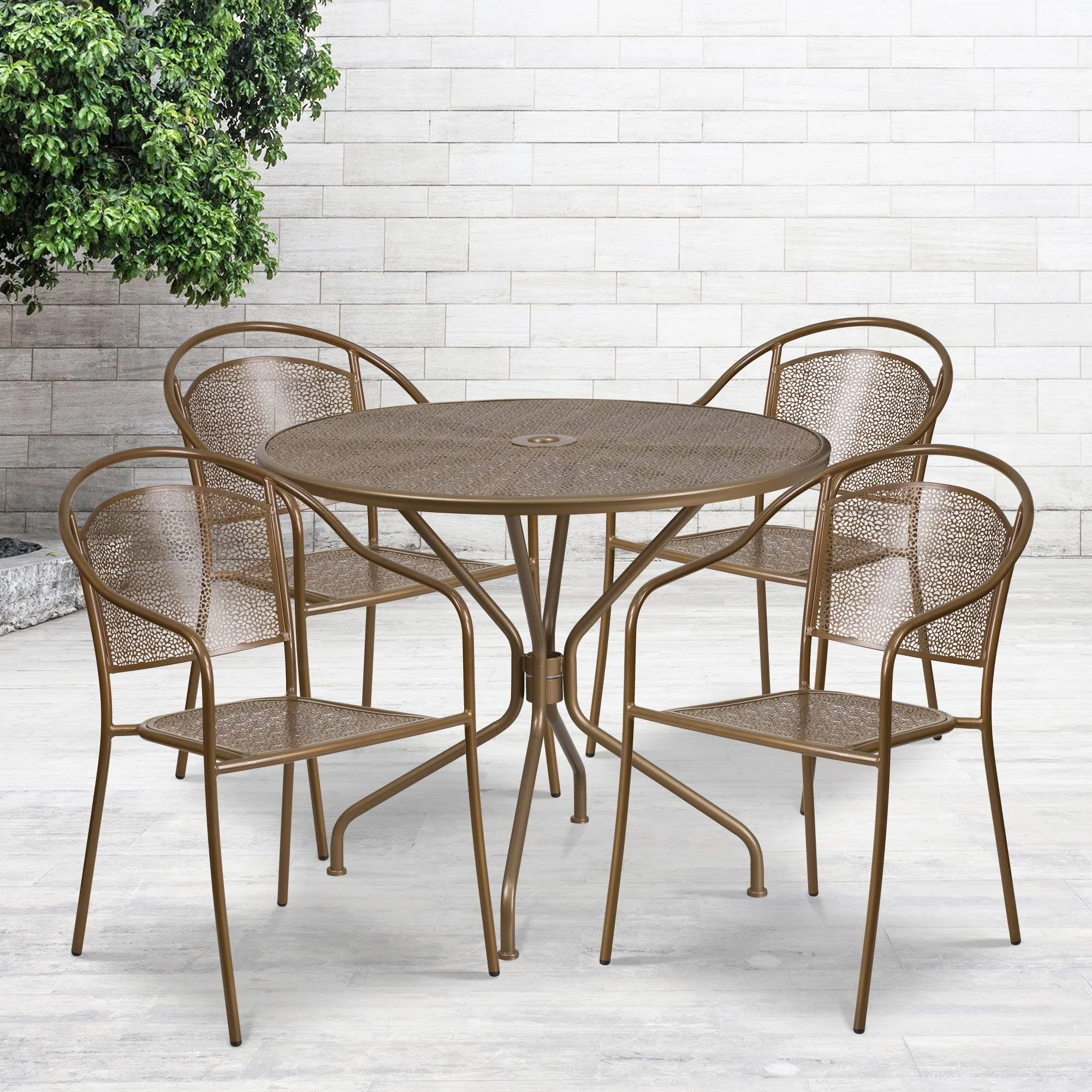Flash Furniture 35.25&& Round Gold Indoor-Outdoor Steel Patio Table Set with 4 Round Back Chairs