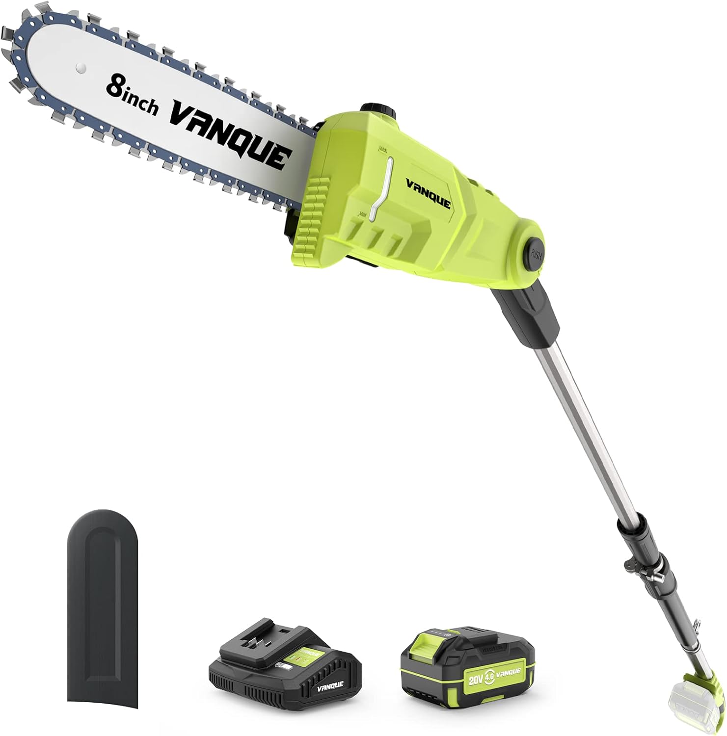 VANQUE 20V Cordless Pole Saw, 15-Foot MAX Reach Pole Saws for Tree Trimming, Battery Pole Saw for Branch Cutting, Trimming, Pruning, Adjustable Head & 8-Inch Bar and Chain, 4.0Ah Li-ion Battery