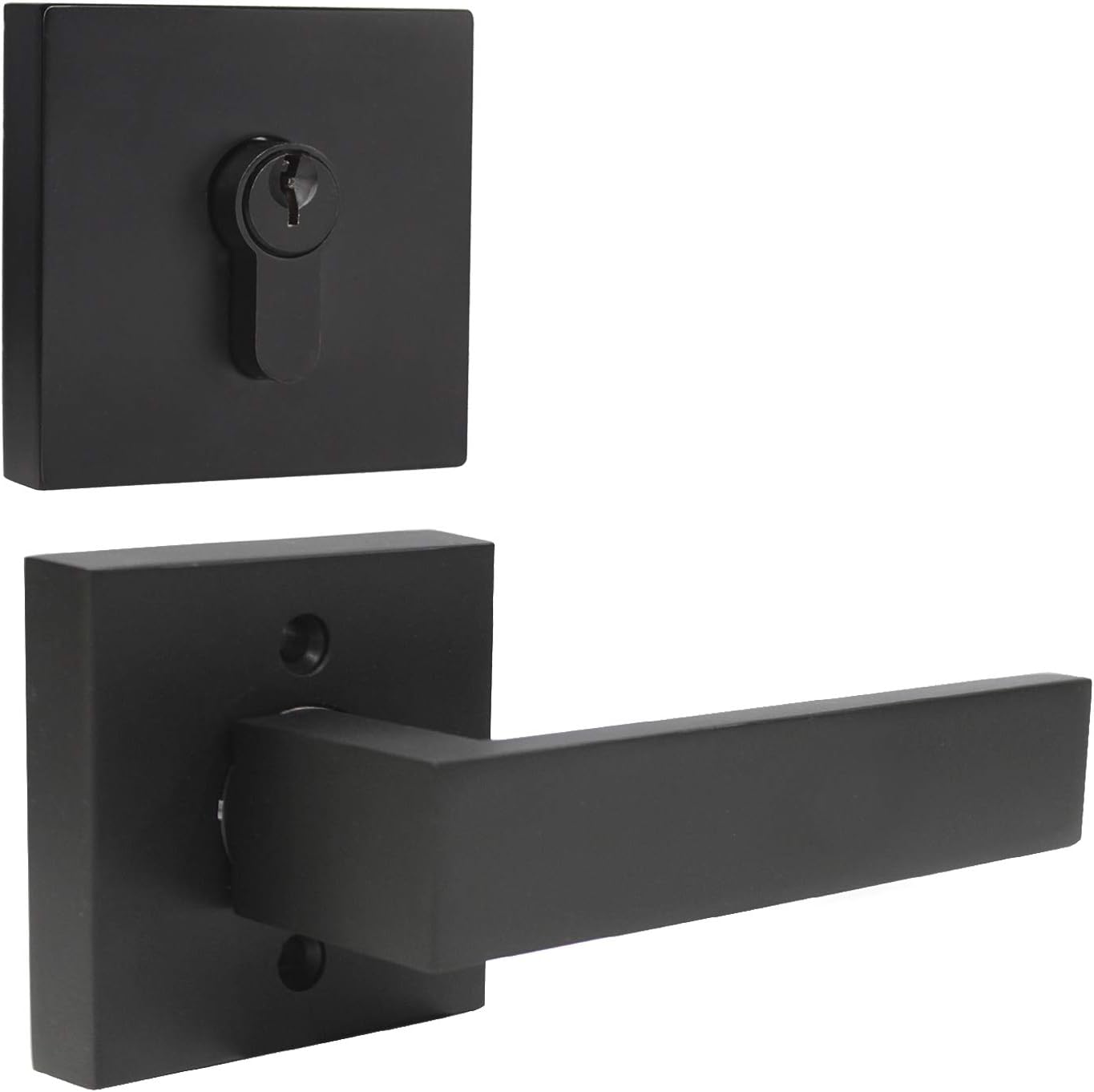 Probrico Flat Black Passage Door Lever with Single Cylinder Deadbolts Combo Pack, Modern Square Lock Set Handleset,Exterior Door Handle and Deadbolts Set,Exterior Door Lever Passage Pack of 2