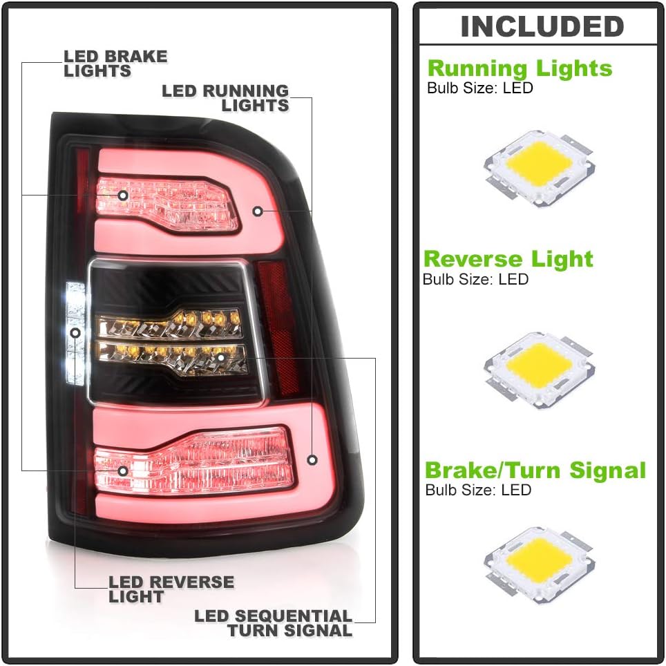 ACANII - For [Incandescent Model Only] 2019-2021 Ram 1500 Black Full LED Tail Lights w/Sequential Signal Lamps Left+Right