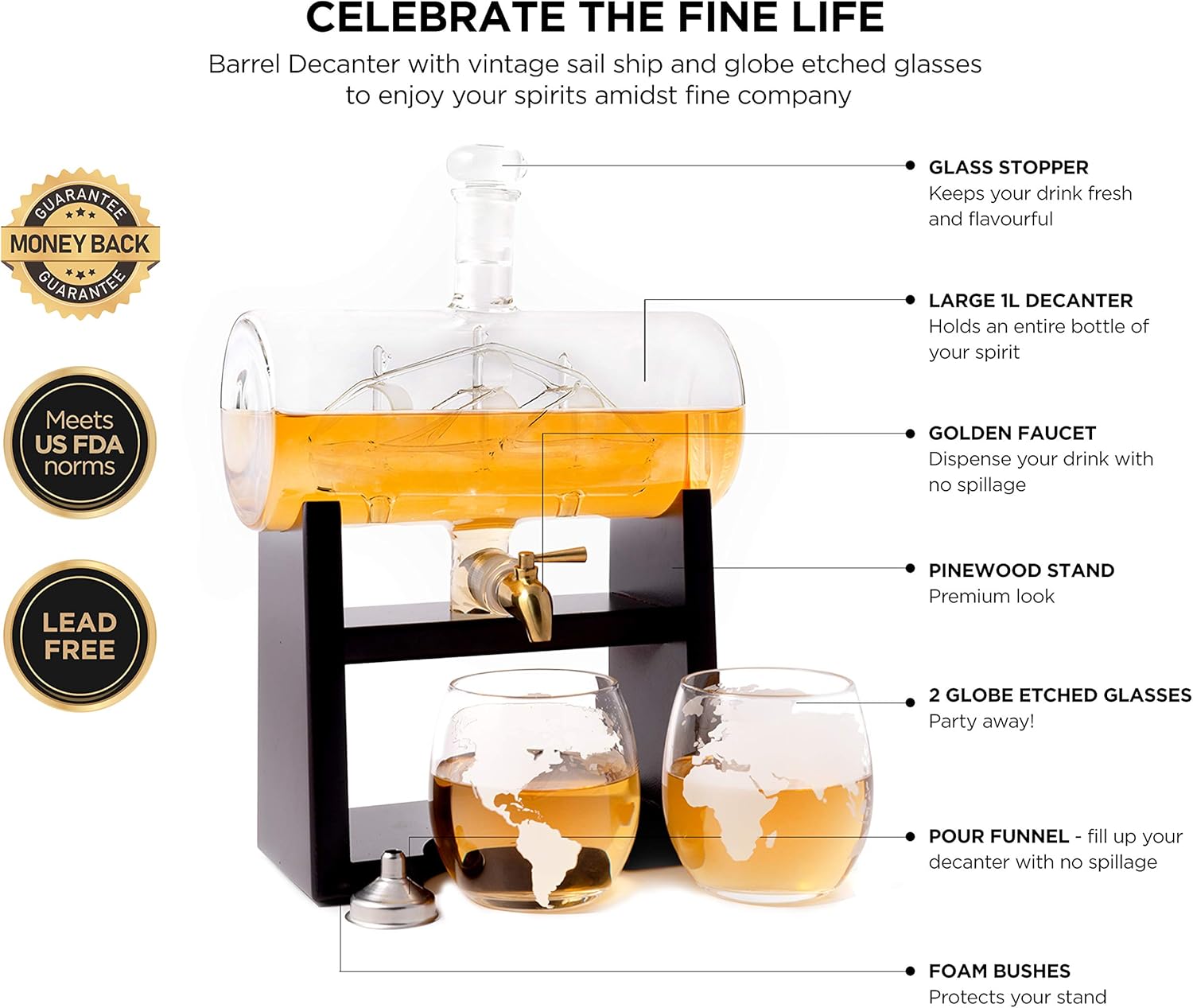 Whiskey Decanter Whisky Decanter & Glass Set Antique Barrel Ship Decanter Handblown Gift for Men Includes Stand 1160 ml Dispenser 2 Whiskey Globe Glasses for Whisky Scotch Bourbon Wine Rum Tequila Pack of 2