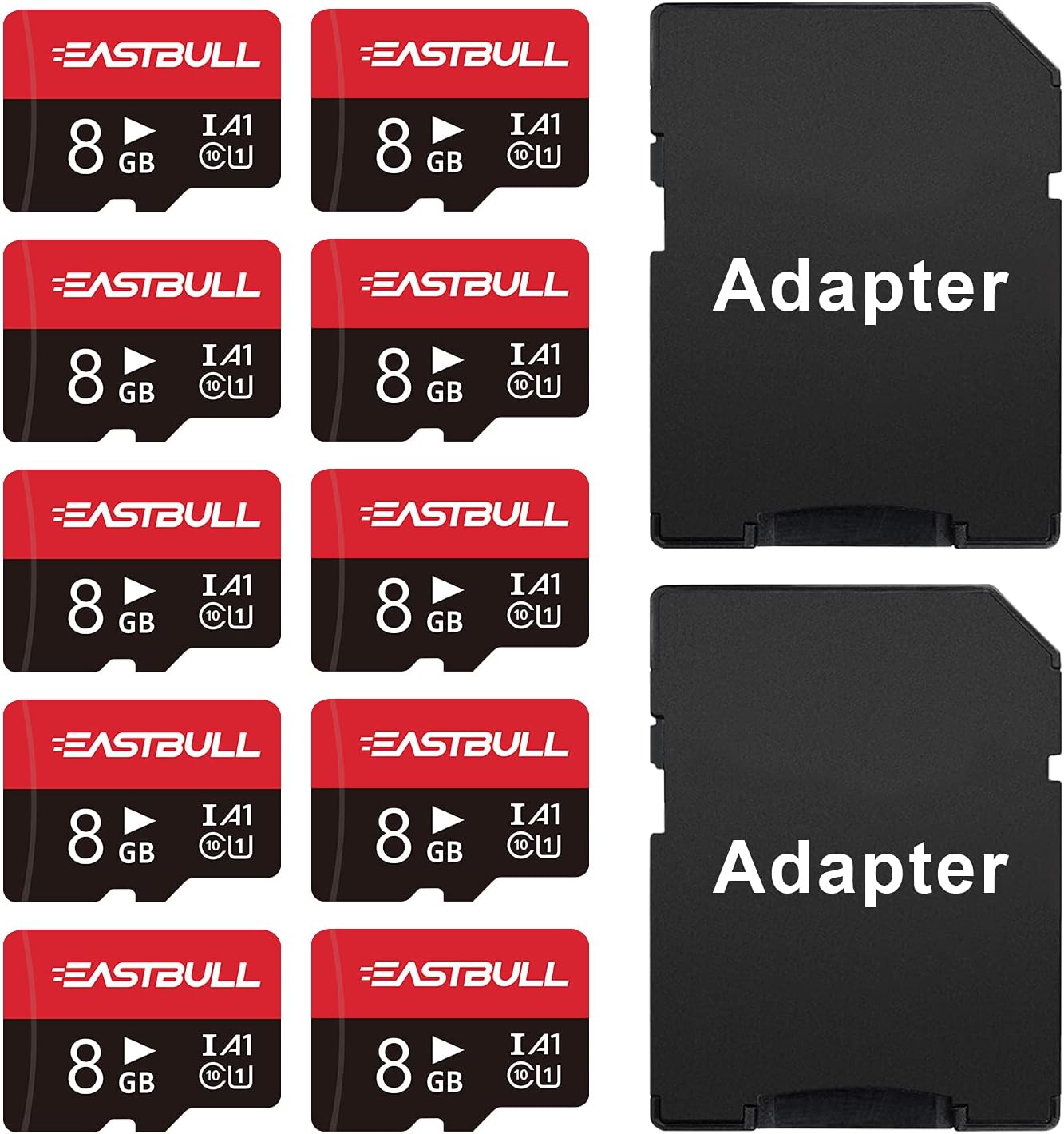 EASTBULL 8GB 10-Pack Micro SD Cards, SD Memory Cards 8GB Full HD Video 90MB/s UHS-I U1 Micro SDHC Class 10 for Surveillance Security Cam Action Camera (10 Units and 2 Adapters)