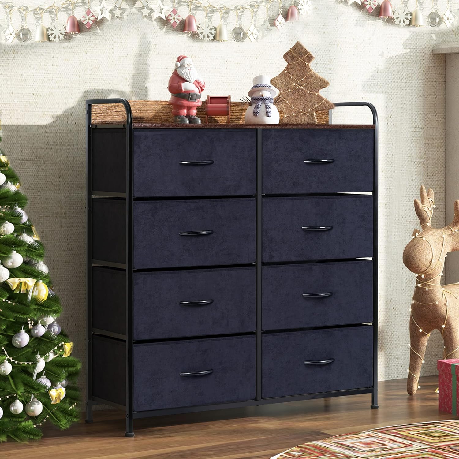LYNCOHOME 8 Big Drawers Dresser with Shelves -Storage Large Dresser, Large Dresser，Dresser for Bedroom, Storage Tower Organizer with Sturdy Steel Frame,Black Drawer Dresser