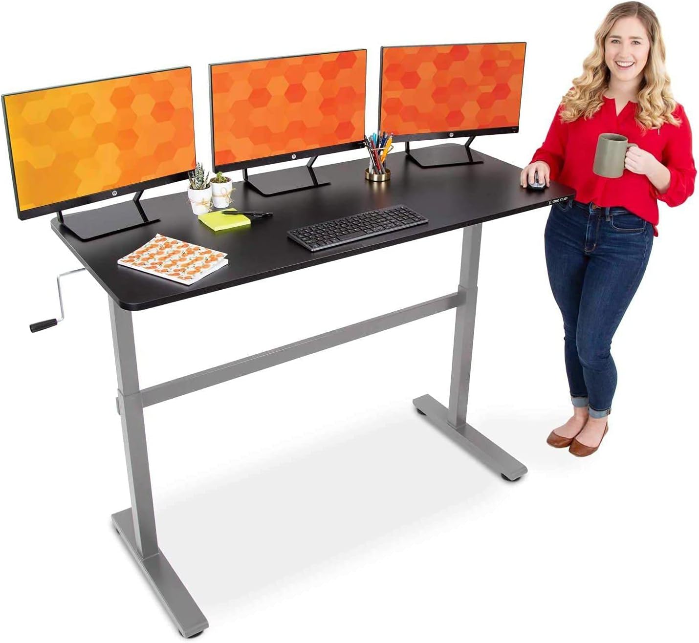 Stand Steady Tranzendesk 55 Inch Standing Desk | Easy Crank Height Adjustable Sit to Stand Workstation | Modern Ergonomic Desk Supports 3 Monitors | Great for Home & Office! (Black Top/Silver Frame)