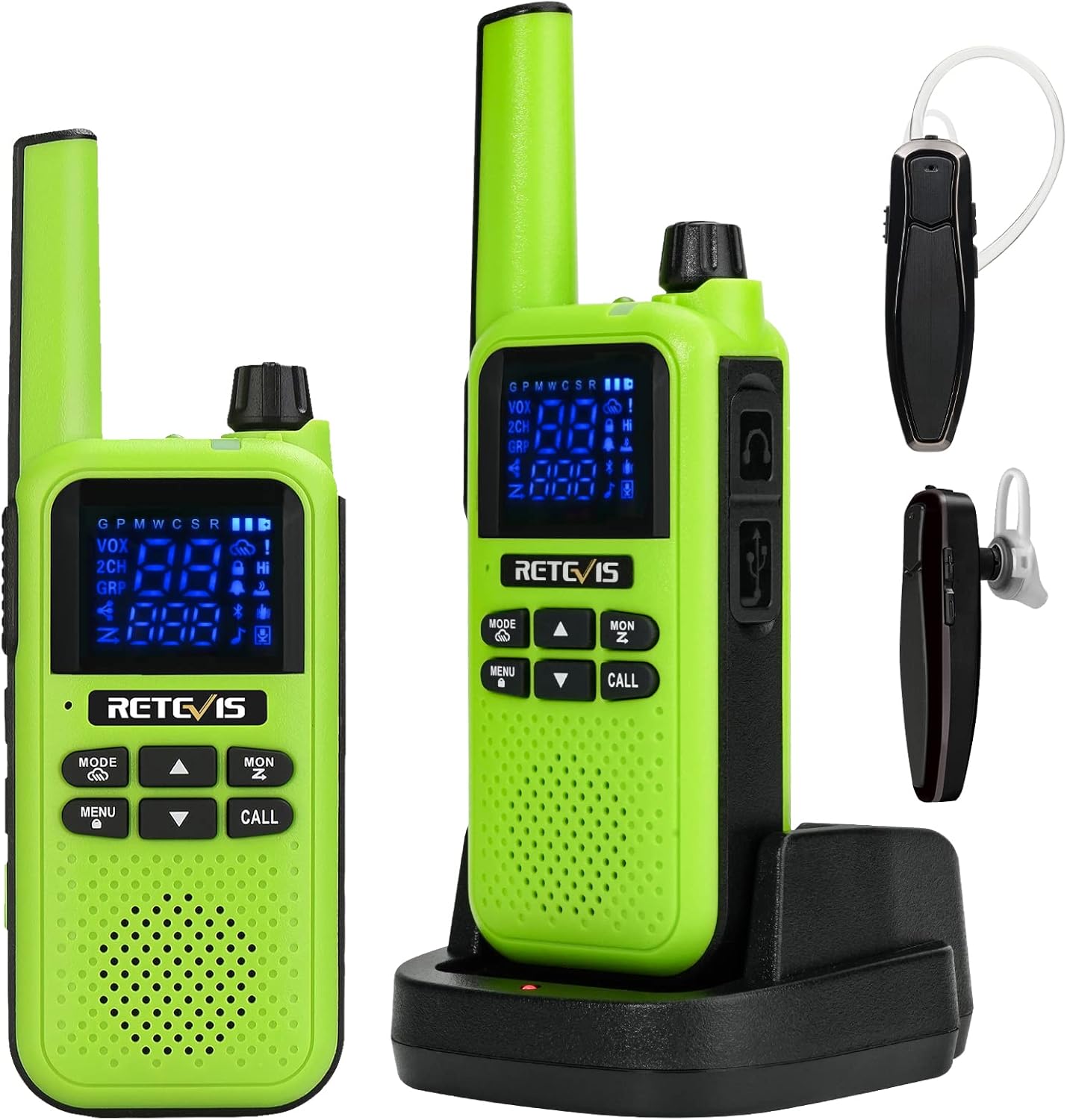 Retevis RA19 Bluetooth Walkie Talkie, Long Range FRS 2 Way Radio, Bluetooth Headset, 1400mAh Portable Radio Rechargeable, NOAA VOX Vibration, for Riding, Hunting(Green 2Pack)