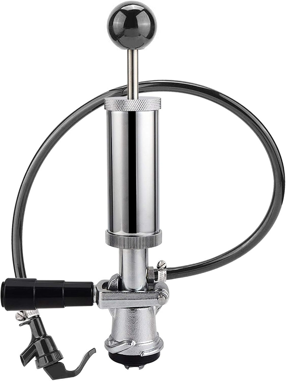 MRbrew Keg Party Pump, American D System Beer Keg Tap Party Pump, 4 Inch Picnic Pump with Black Beer Faucet & Beer Hose, Chrome-Plated Keg Draft Beer Party Pump with 2 Hose Clamps