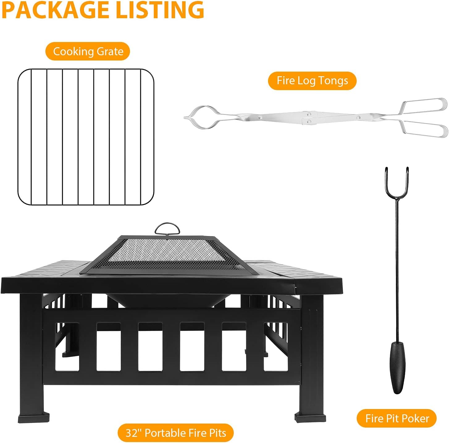 32 inch Fire Pit Table, Outdoor Fire Pits Square Metal Firepit with Mesh Spark Screen Cover, Grate and Fire Poker for Patio Backyard Garden Fireplace for Camping Picnic