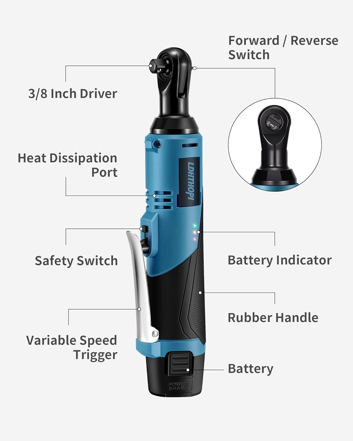 Cordless Electric Ratchet Wrench, LDHTHOPI 12V 3/8 Inch 46 Ft-lbs Power Ratchet Wrench Tool Kit with Charger, Variable Speed, 2 Pack 2.0Ah Lithium-Ion Batteries, 7 Sockets, 1/2