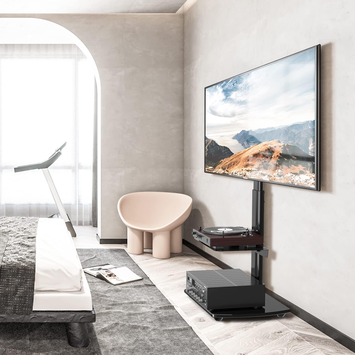 5Rcom Universal TV Floor Stand with 2 Shelves for 27 32 37 42 47 50 55 65 inch Tall LCD LED Flat or Curved Screens TVs Skinny TV Stand with Swivel Mount and Height Adjustable,Black