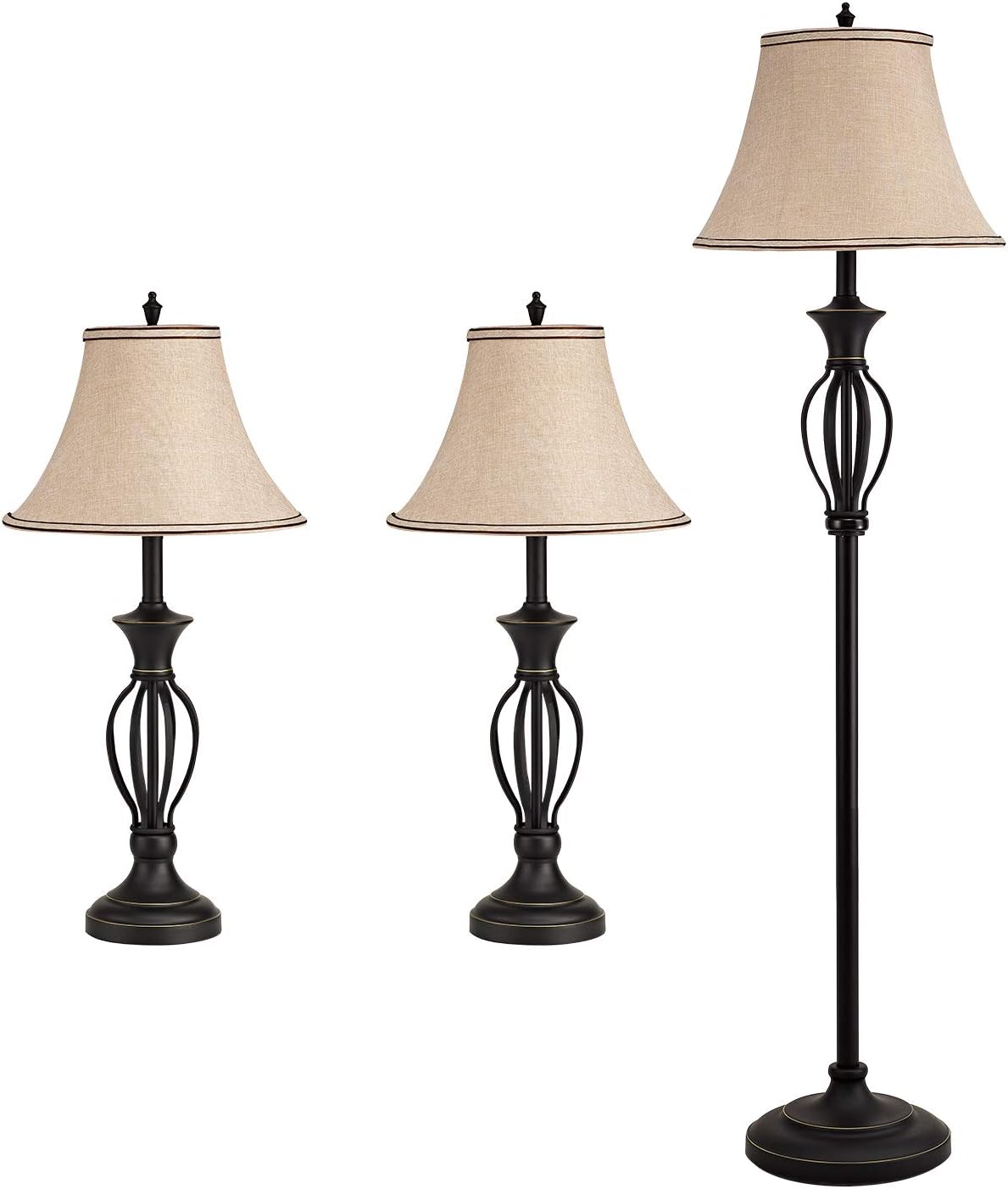 GZBtech Lamp Set of 3 for Living Room, Rustic Farmhouse 1 Floor Lamp 2 Table Lamps with Beige Fabric Lampshade and Black Metal Base, 110V ETL Listed 3 Pcs Bedroom Office Matching Scroll Lamps Set