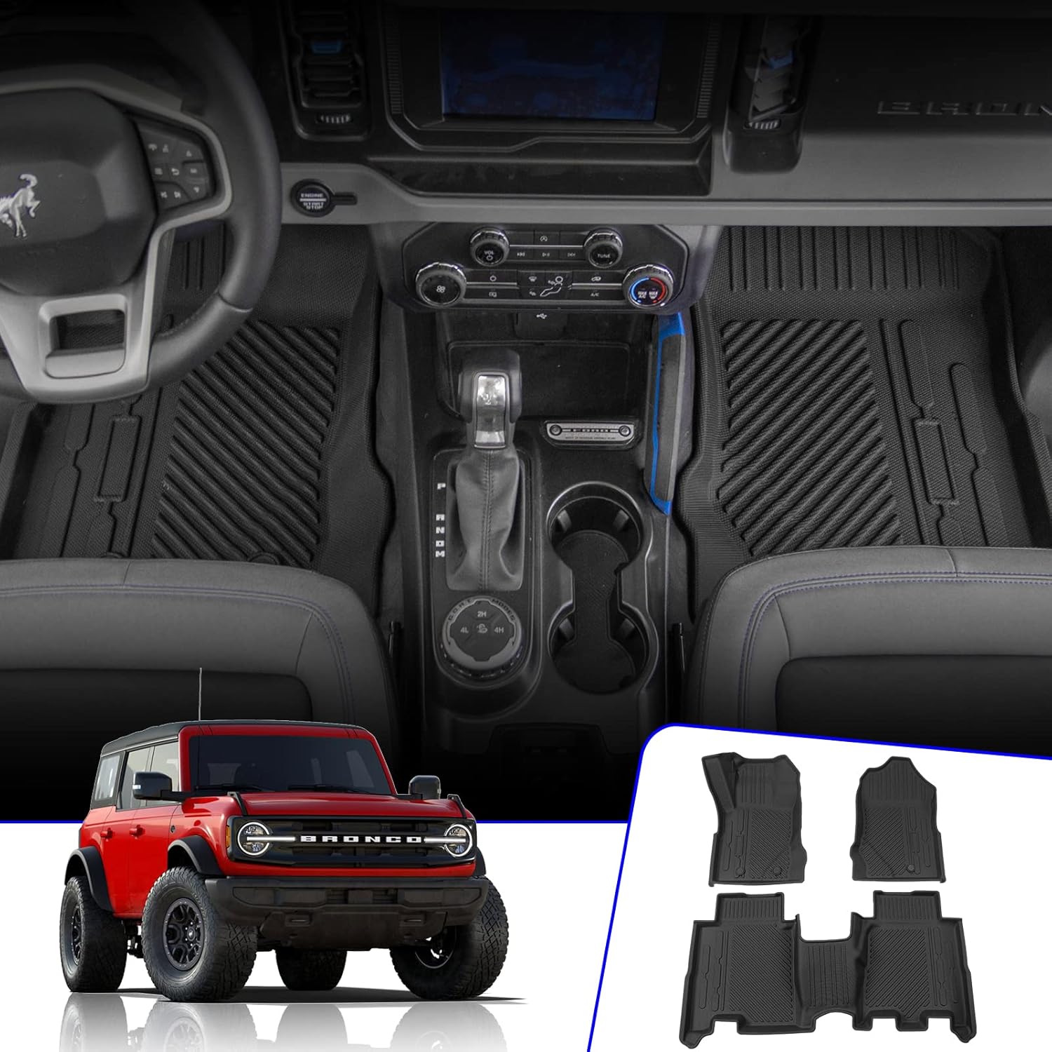 Rongtaod Fit 2021-2022 Ford Bronco 4-Door Cargo Liner Rear Trunk Mat Floor Mat Backrest Mats Bronco Accessories TPE All-Weather (Floor Mat)