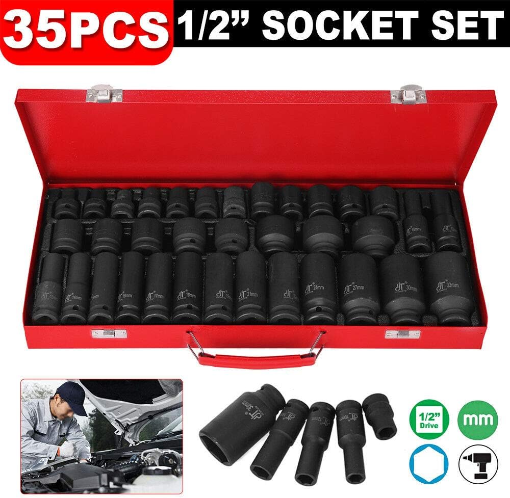 Nisorpa 35pcs Deep Impact Socket Set 6 Point Sockets Spindle Axle Nut Garage Workshop Car Auto Truck Repair Hand Tools 8-32MM