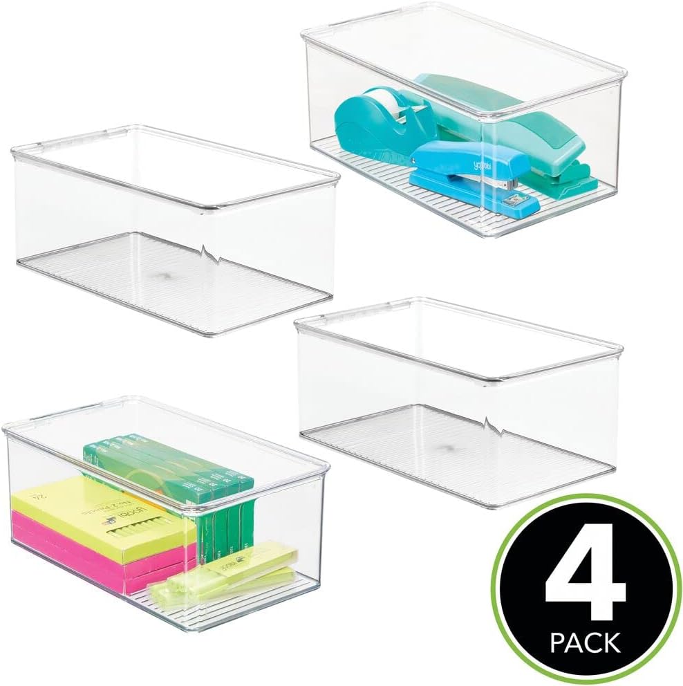 mDesign Plastic Stackable Box for Home, Office Supplies Storage Organizer with Attached Hinged Lid - Holder Container Bin for Note Pads, Gel Pens, Staples, Dry Erase Markers, Tape - 4 Pack - Clear Pack of 2