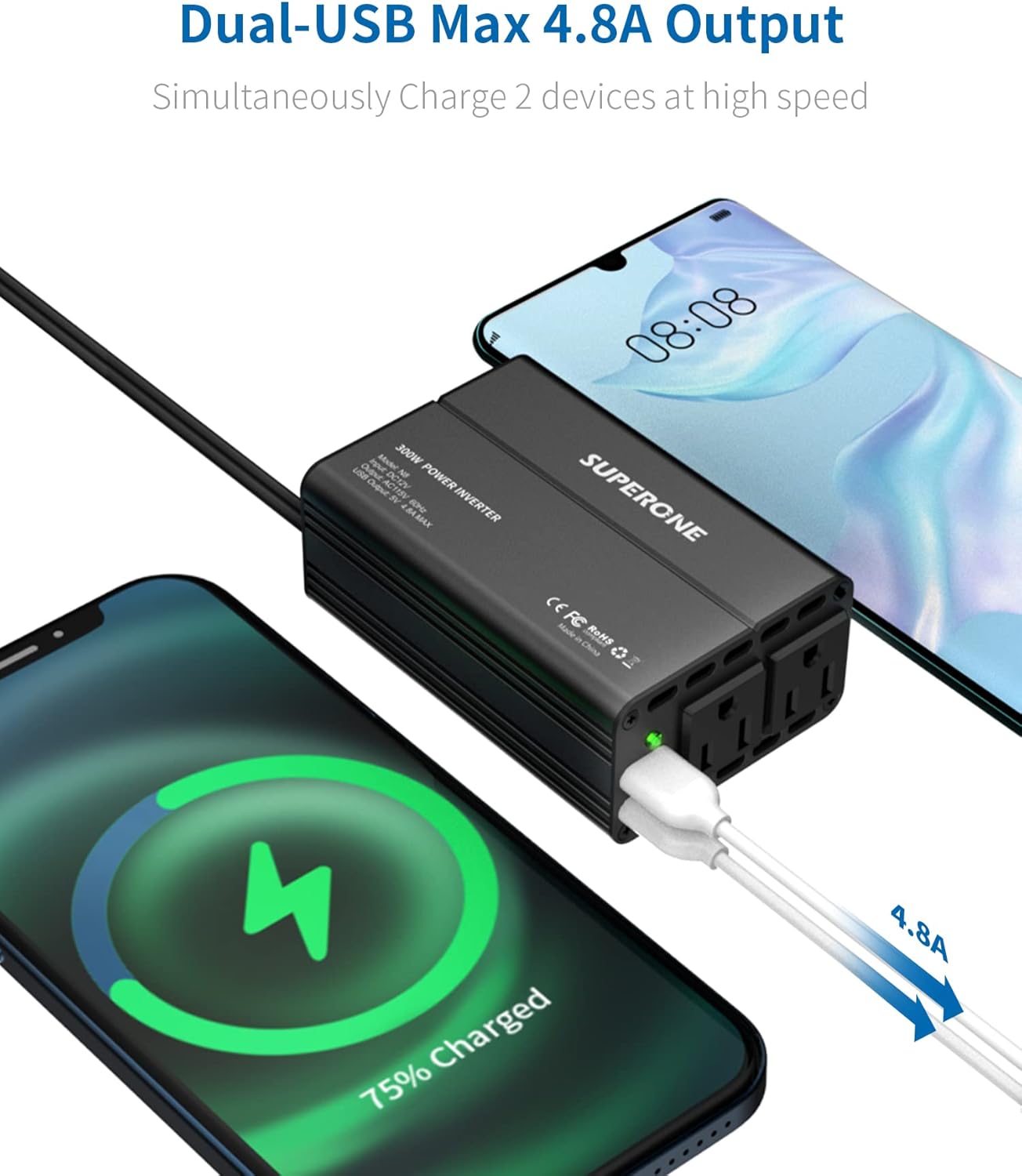 【Upgraded】 SUPERONE 300W Power Inverter DC 12V to 110V AC Car Inverter with 4.8A Dual USB Car Adapter, Upgraded Silent Model (Black) Pack of 2